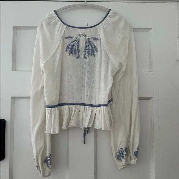 Free People White Crochet Tie-Front Crop Top with Light Blue Embroidery - Picture 3 of 4